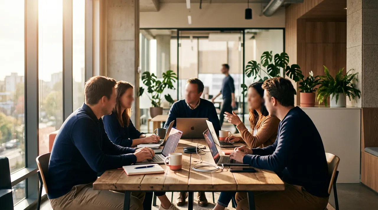 Bright modern workspace: team collaboration around laptops and natural light