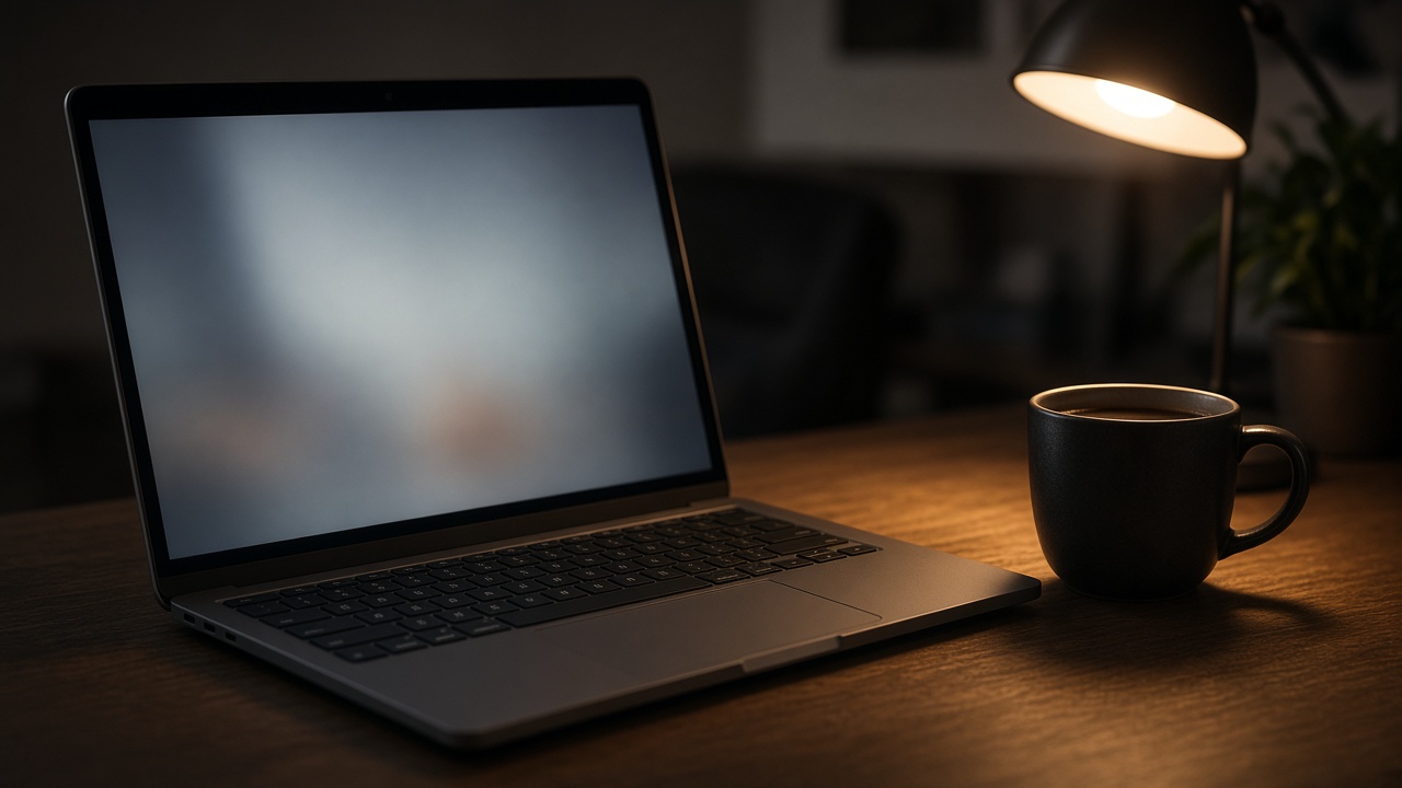 Open laptop in a dim office, screen glowing, a reminder of a login left cached on the device