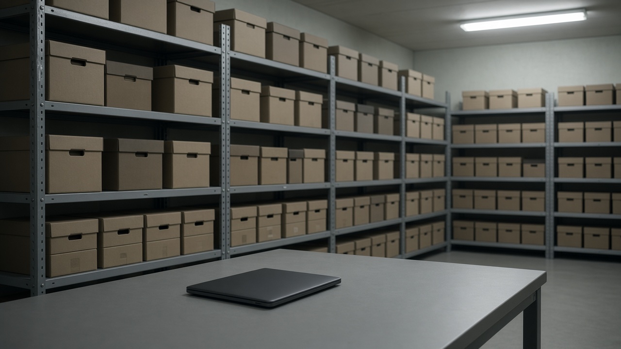 Archive boxes in a records room with one closed laptop on the table