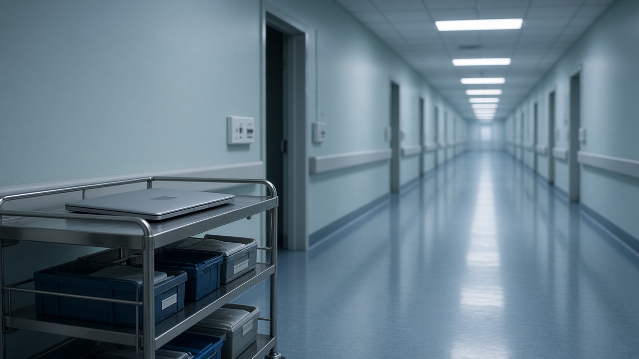 A closed laptop on a cart in an empty hospital corridor