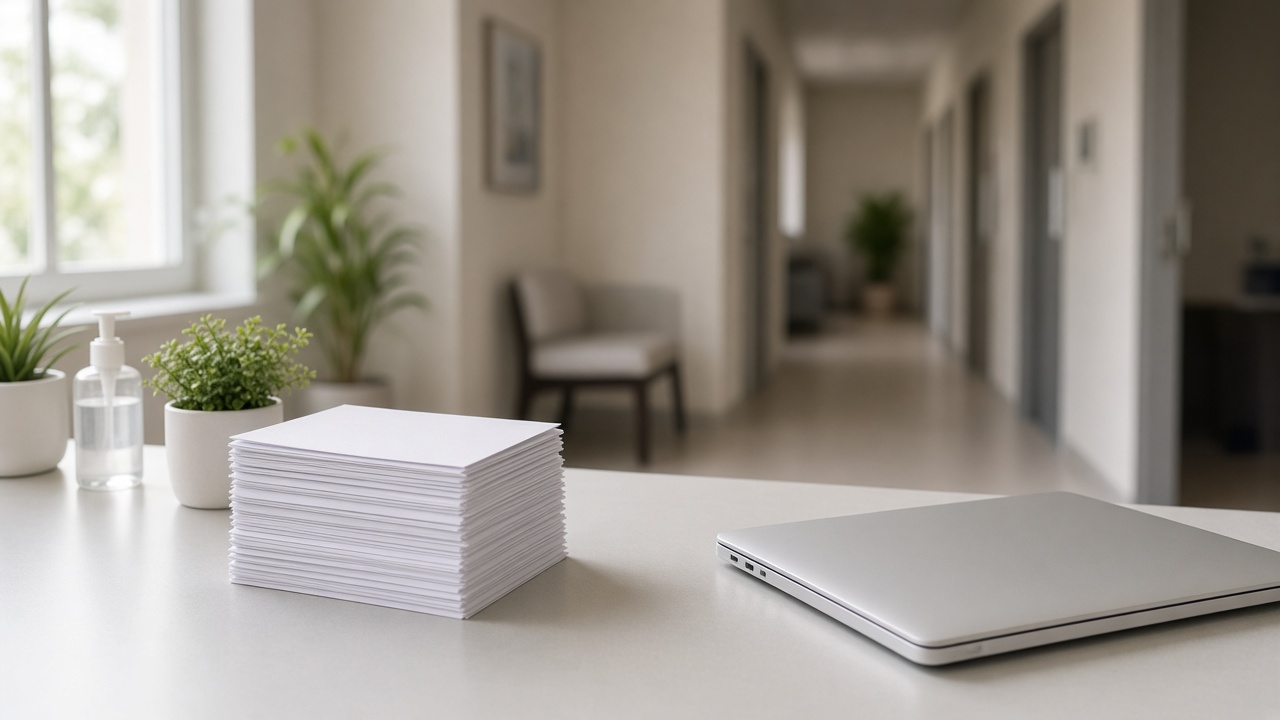 Plain envelopes stacked on a clinic desk beside a closed laptop