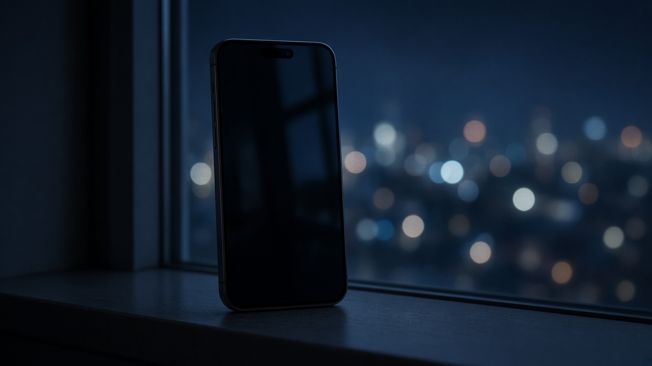 A smartphone on a windowsill at night, city lights behind the glass