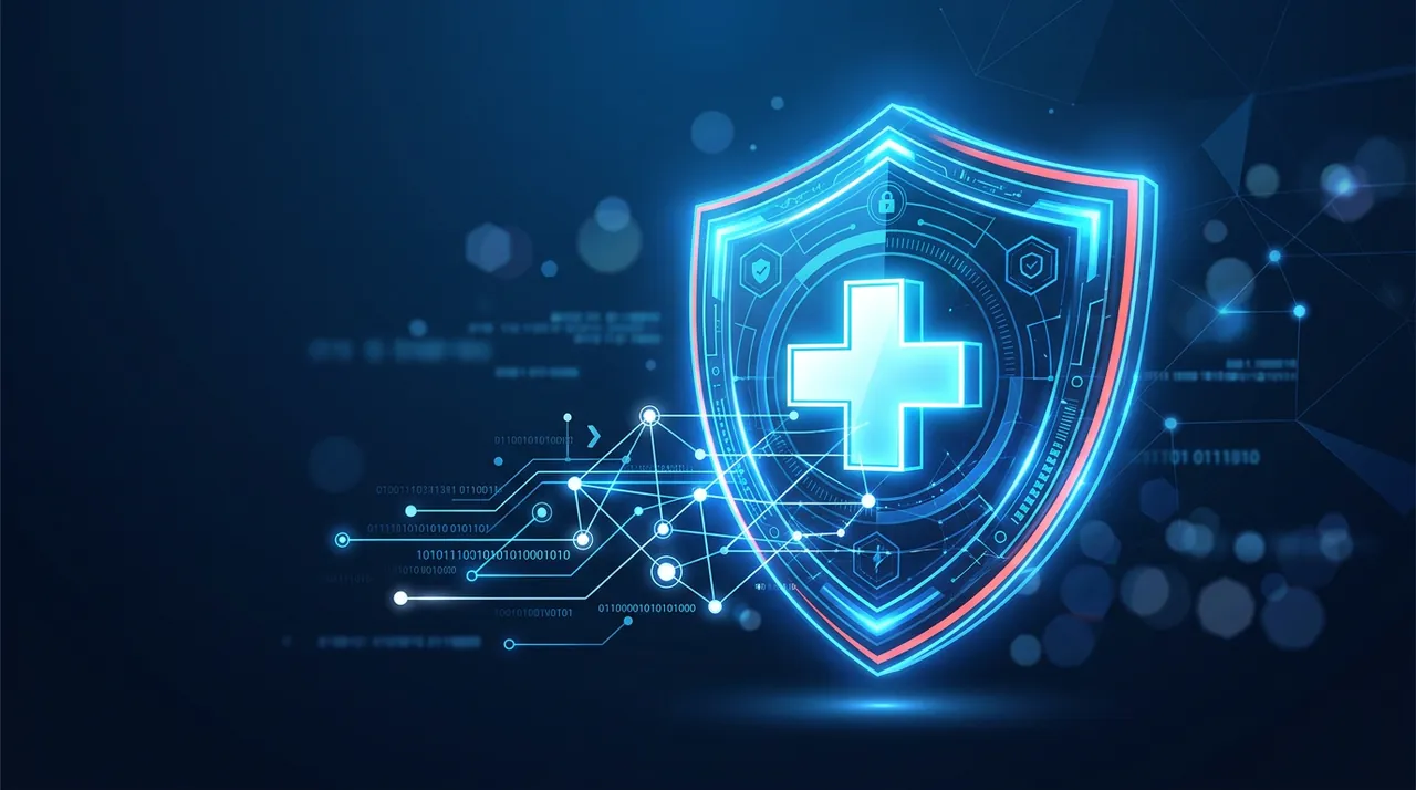 Healthcare cybersecurity concept: shield protecting medical data on a deep blue background