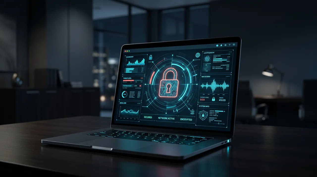 Laptop endpoint security: lock and monitoring dashboard in dramatic light