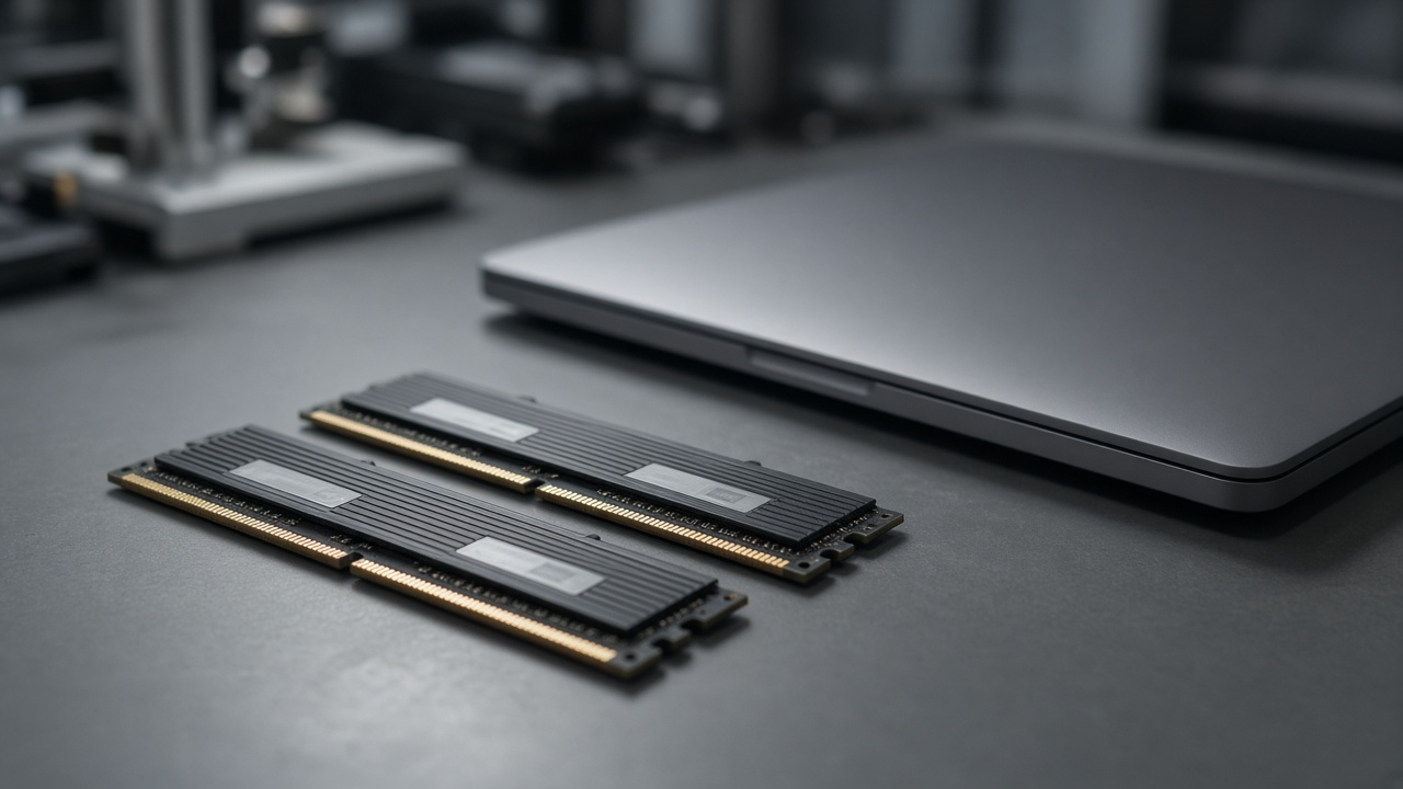 Memory modules beside a closed laptop on a workbench