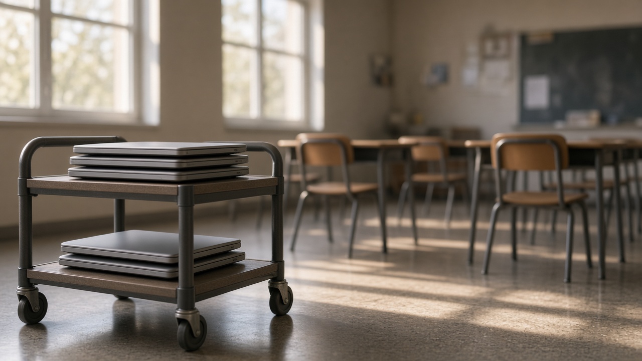 A cart of closed laptops in an empty classroom