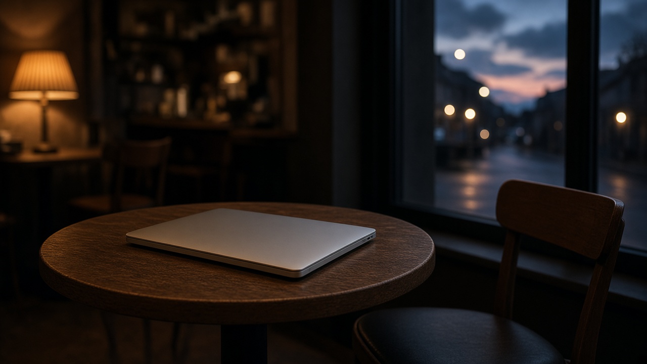 A closed laptop left on a cafe table at dusk