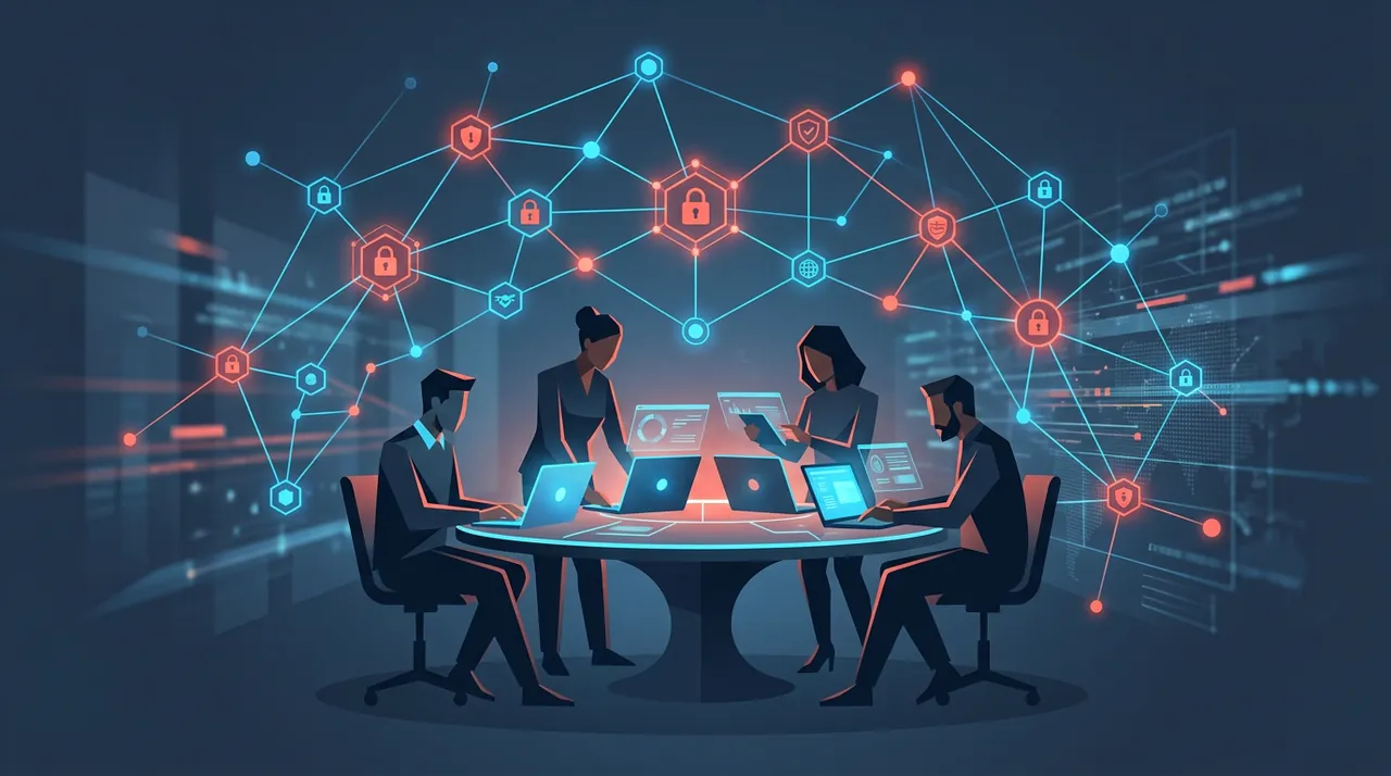 Cybersecurity collaboration: connected network nodes and team workspace glow