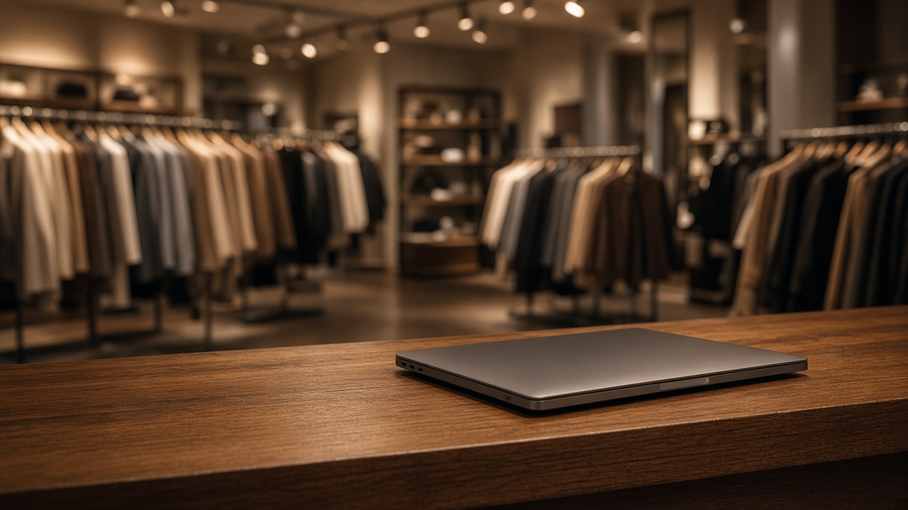 A closed laptop on a counter in an empty clothing department after hours