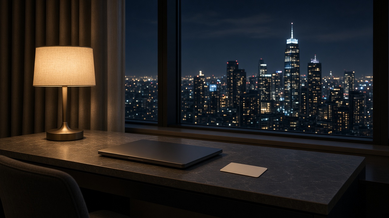 A closed laptop on a hotel desk at night, city lights outside