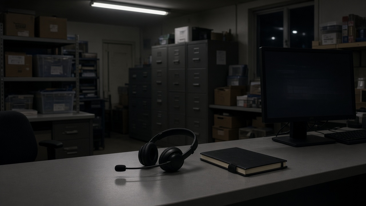 A headset on a grocery back-office counter beside a dark monitor