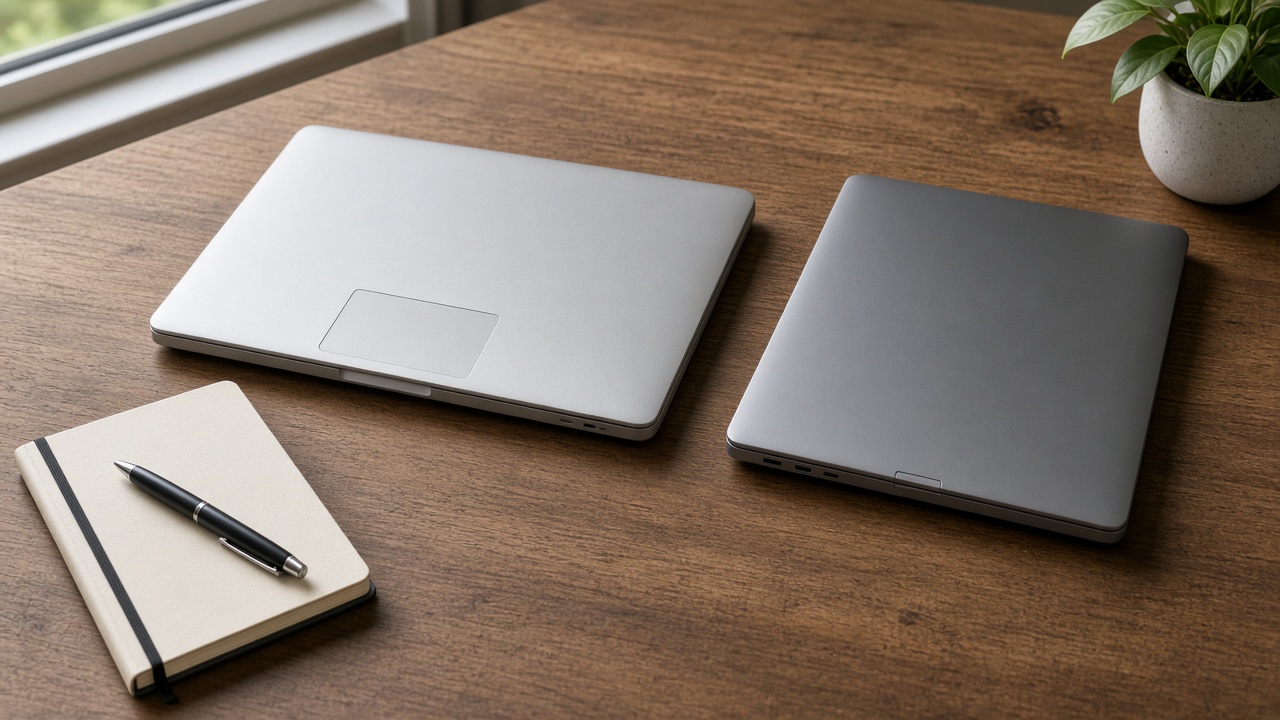 Two closed laptops side by side, one personal and one work, on a shared desk