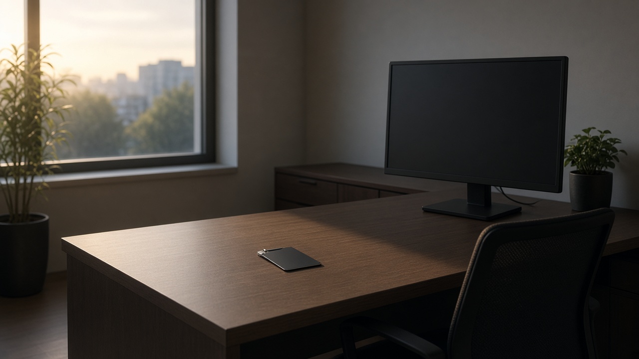 An empty desk where the laptop is missing and a badge has been left behind