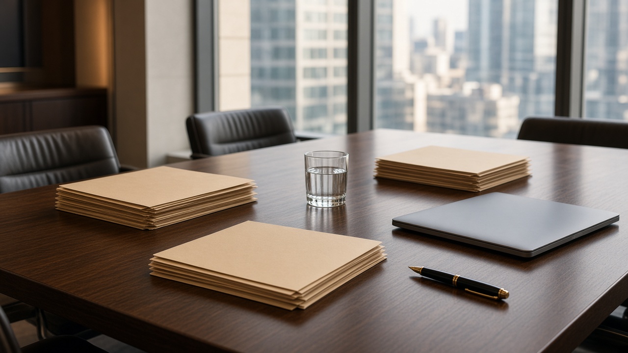 Conference table set for a deal review
