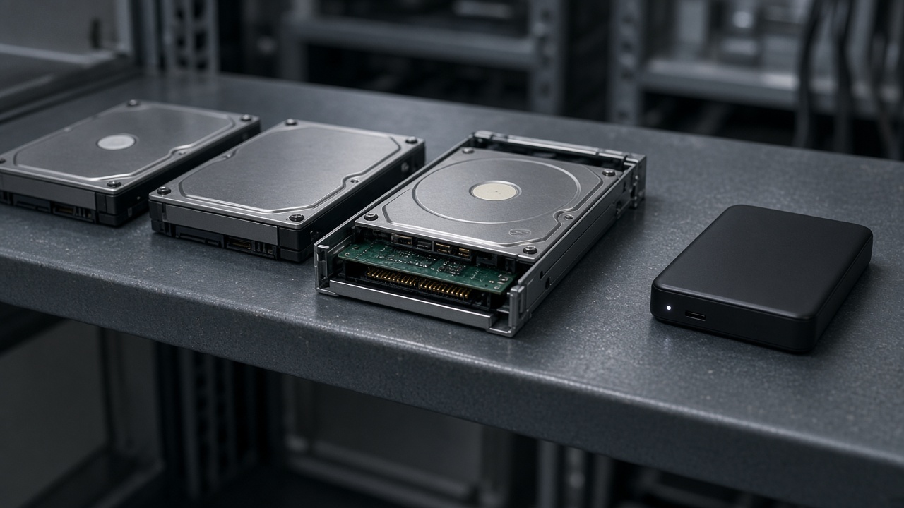 Hard drives and an external drive on an equipment shelf
