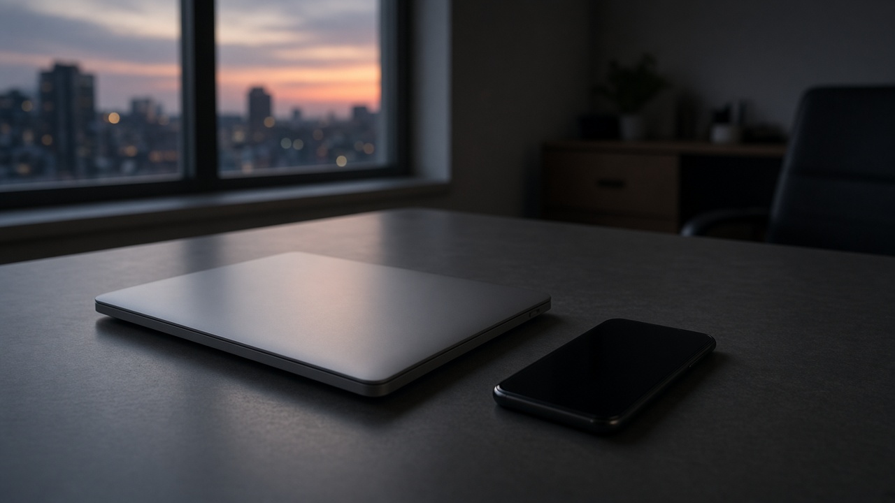 Laptop and phone left on a desk after hours