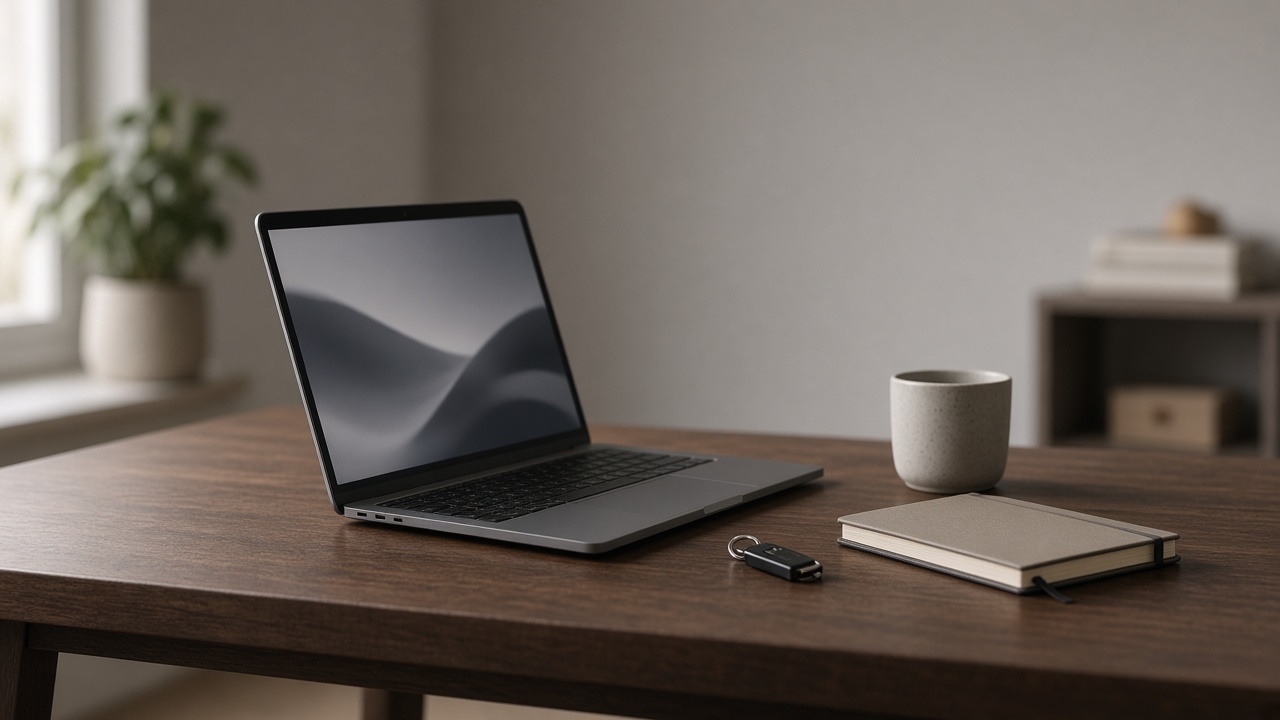 Laptop, hardware key, and notebook on a quiet desk