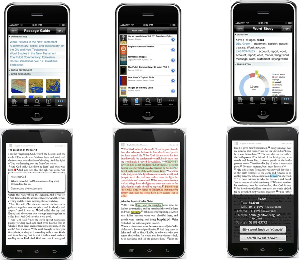 Logos Bible Software on iPhone and Android, including Passage Guide, library, and Word Study
